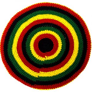 Handmade knit crochet knit tam beret beanie hat with geometric striped pattern in Rasta colors.