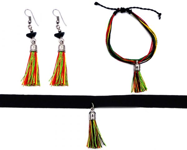 Handmade multi strand string pull tie bracelet with silk thread tassel dangle, matching tassel earrings with chip stones, and matching black velvet ribbon choker in Rasta colors.