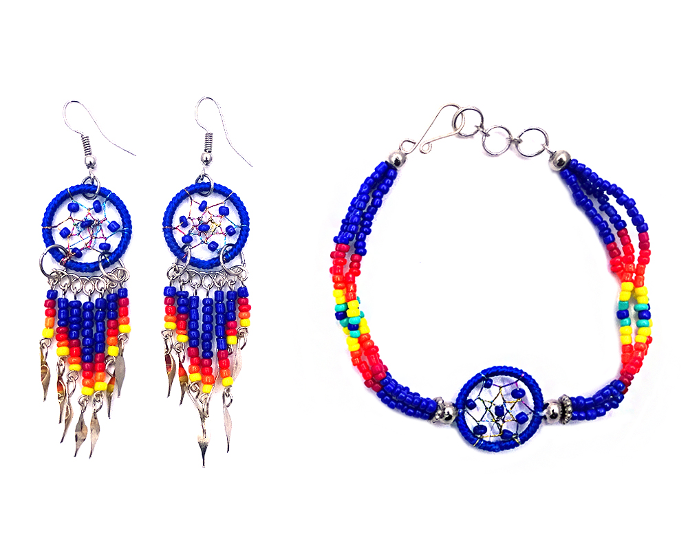 Handmade Native American inspired round beaded thread dream catcher multi strand bracelet and matching earrings with long seed bead and alpaca silver dangles in blue, dark pink, red, orange, yellow, and mint color combination.