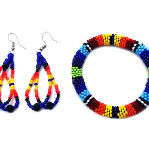 Handmade Native American inspired Czech glass seed bead bangle bracelet and matching multi strand teardrop hoop dangle earrings in blue, red, orange, yellow, and light green color combination.