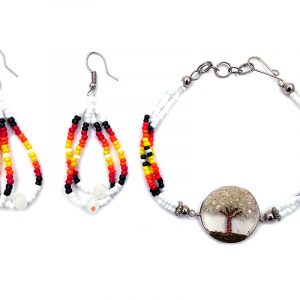 Handmade Native American inspired seed bead multi strand bracelet with round-shaped clear acrylic resin, copper wire, and crushed chip stone inlay tree of life centerpiece and matching teardrop hoop earrings in white, black, red, orange, and yellow color combination.