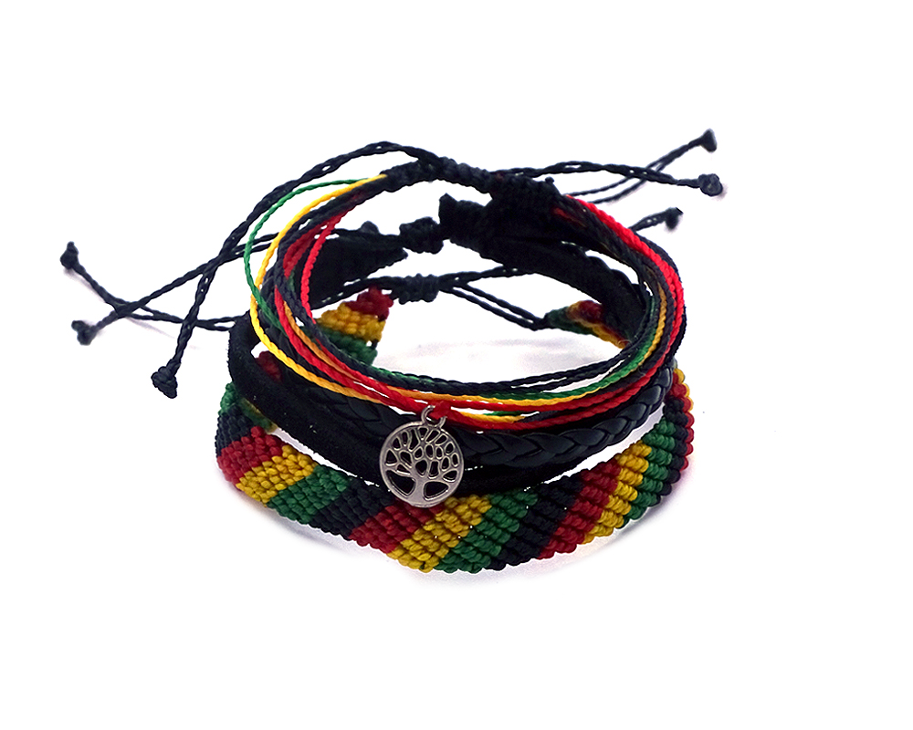 Handmade three piece pull tie bracelet set in Rasta color combination.