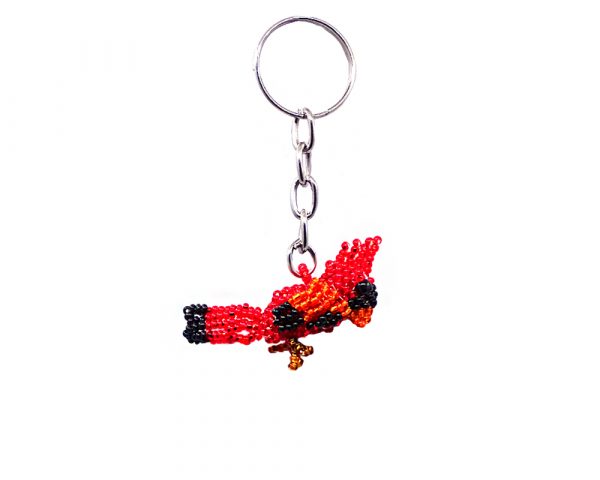 Handmade Czech glass seed bead figurine keychain of a cardinal bird in red, black, and orange color combination.