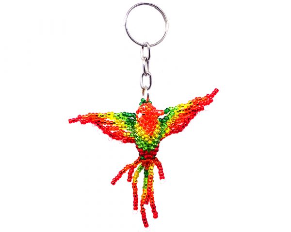 Handmade Czech glass seed bead figurine keychain of a hummingbird in multicolored color combination.