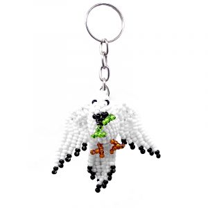 Handmade Czech glass seed bead figurine keychain of a dove bird in white, black, green, and orange color combination.