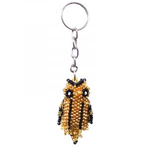 Handmade Czech glass seed bead figurine keychain of an owl bird in gold and black color combination.