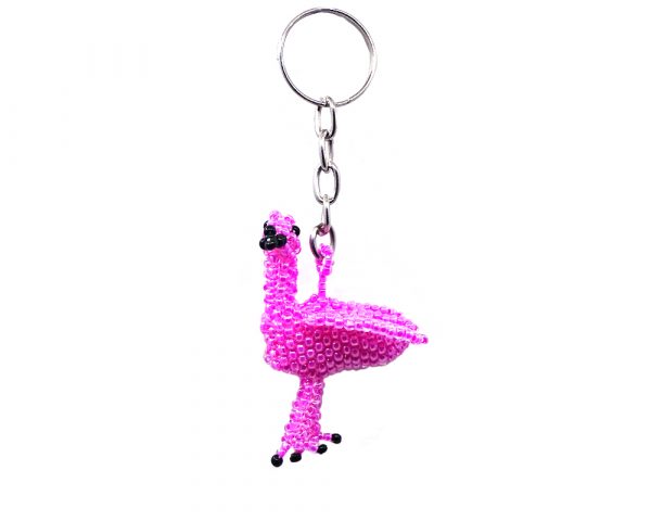 Handmade Czech glass seed bead figurine keychain of a flamingo bird in pink and black color combination.