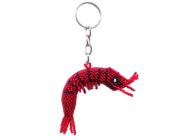 Handmade Czech glass seed bead figurine keychain of a shrimp in red, black, and white color combination.