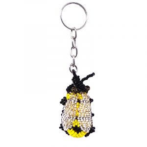Handmade Czech glass seed bead figurine keychain of a bumblebee in yellow, black, and white silver color combination.