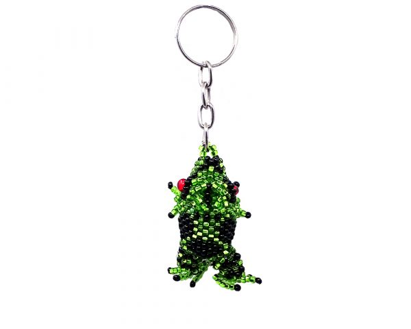 Handmade Czech glass seed bead figurine keychain of a frog in lime green, black, white silver, and red color combination.
