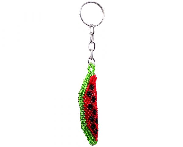Handmade Czech glass seed bead figurine keychain of a watermelon fruit in red, lime green, and black color combination.