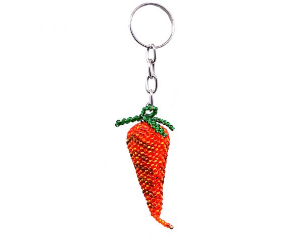 Handmade Czech glass seed bead figurine keychain of a carrot vegetable in orange and green color combination.