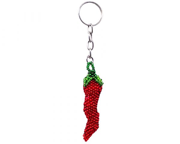 Handmade Czech glass seed bead figurine keychain of a chili pepper in red and green color combination.