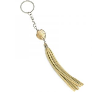 Handmade wire wrapped tumbled gemstone crystal with suede tassel dangle on silver metal key ring in beige color and light yellow citrine.