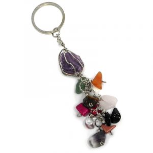 Handmade wire wrapped tumbled gemstone crystal with multicolored chip stone cluster dangle on silver metal key ring in purple amethyst.