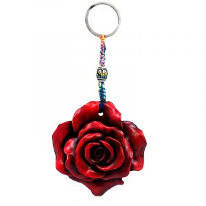 Handmade durepox resin figurine keychain of a red rose flower.