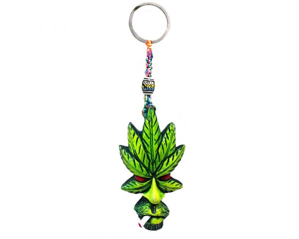 Handmade durepox resin figurine keychain of a smoking leaf man face in lime green, red, and white color combination.
