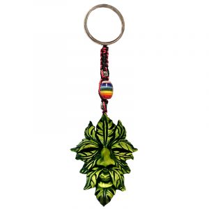 Handmade durepox resin figurine keychain of a green leaf man face.