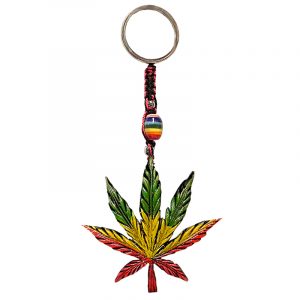 Handmade durepox resin figurine keychain of a cannabis leaf in Rasta colors.