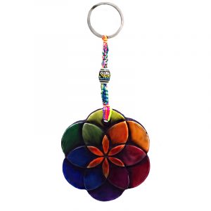 Handmade durepox resin figurine keychain of a seed of life symbol in rainbow colors.