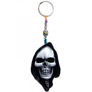 Handmade durepox resin figurine keychain of a black hooded grim reaper death skull.