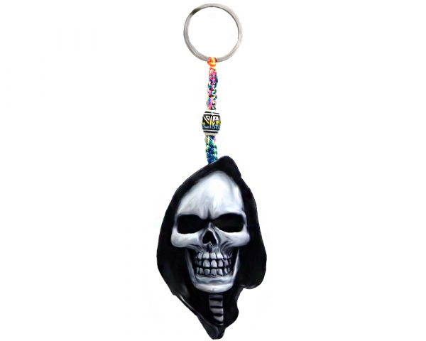 Handmade durepox resin figurine keychain of a black hooded grim reaper death skull.
