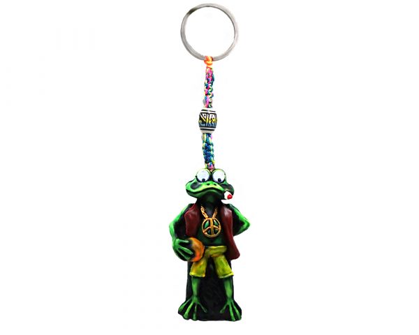 Handmade durepox resin figurine keychain of a smoking green frog with googly eyes and a peace sign chain in Rasta colors.