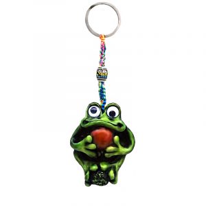 Handmade durepox resin figurine keychain of a green frog with googly eyes holding a stone.