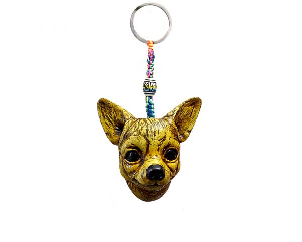 Handmade durepox resin figurine keychain of a beige Chihuahua dog head.