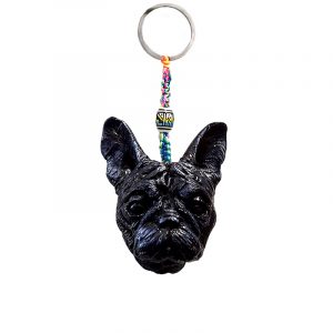 Handmade durepox resin figurine keychain of a black French bulldog dog head.