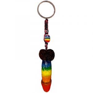 Handmade durepox resin figurine keychain of a penis in rainbow colors.