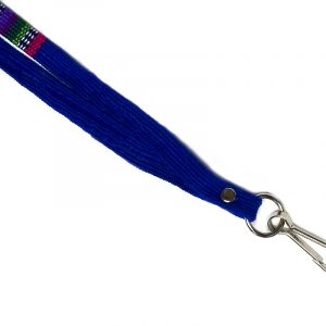 Fabric material thin strap lanyard with multicolored tribal print striped pattern design and silver metal swivel hook clasp in blue color.