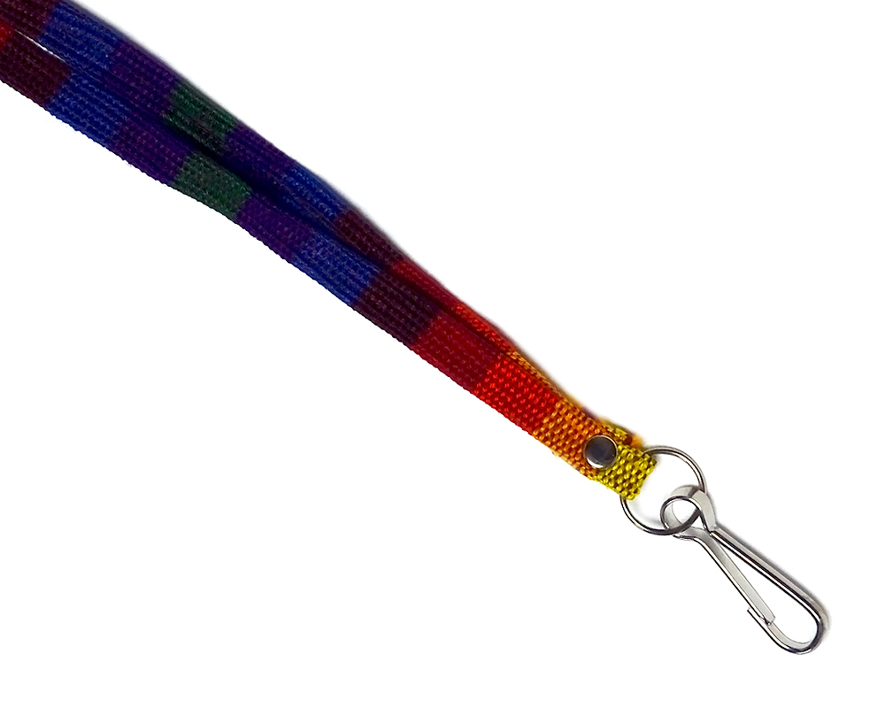 Fabric material thin strap lanyard with multicolored striped pattern design and silver metal swivel hook clasp in rainbow colors.