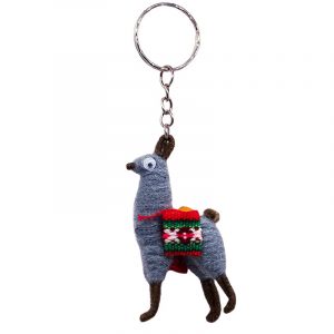 Natural alpaca wool keychain of a llama with googly eyes and silver metal key ring in gray and brown color combination.