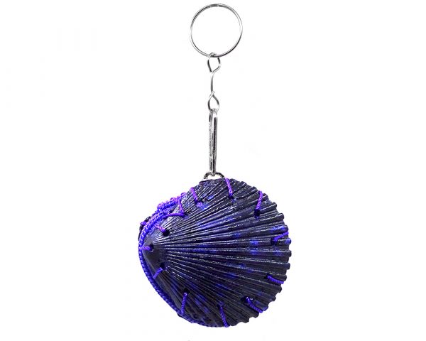 Handmade authentic clam seashell coin purse bag with natural colored dye and silver metal key ring in purple color.