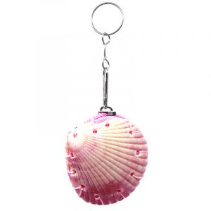Handmade authentic clam seashell coin purse bag with natural colored dye and silver metal key ring in pink color.