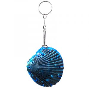 Handmade authentic clam seashell coin purse bag with natural colored dye and silver metal key ring in turquoise blue color.