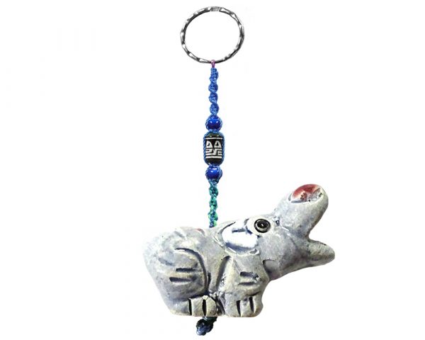 Handmade hippo animal keychain with handpainted ceramic, macramé string, a large bead, and metal keyring in gray color combination.