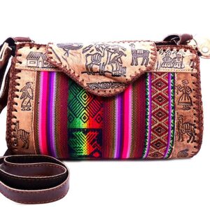 Handmade Peruvian purse bag with authentic leather, acrylic wool, snap button and zipper closure, and adjustable strap in brown and multicolored color combination.