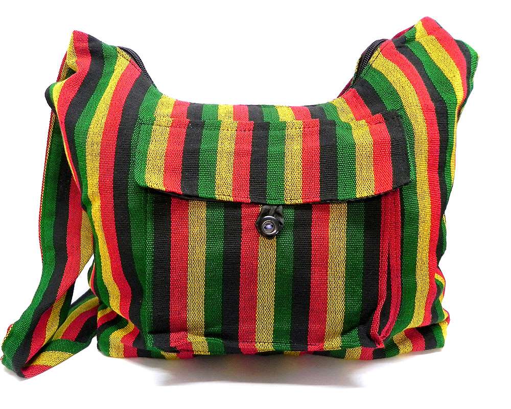 Handmade large crossbody hobo purse bag with multicolored striped print pattern material in Rasta colors.