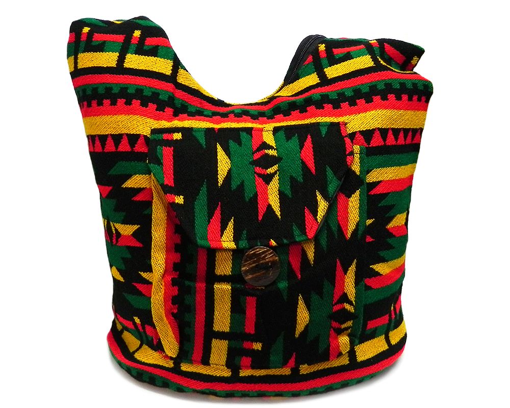 Handmade large slightly cushioned crossbody hobo purse bag with multicolored Aztec inspired tribal print pattern material in Rasta colors.