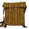 Handmade large slim square-shaped purse bag with multicolored tribal print striped pattern material (or manta Inca) and fringe in Rasta colors.