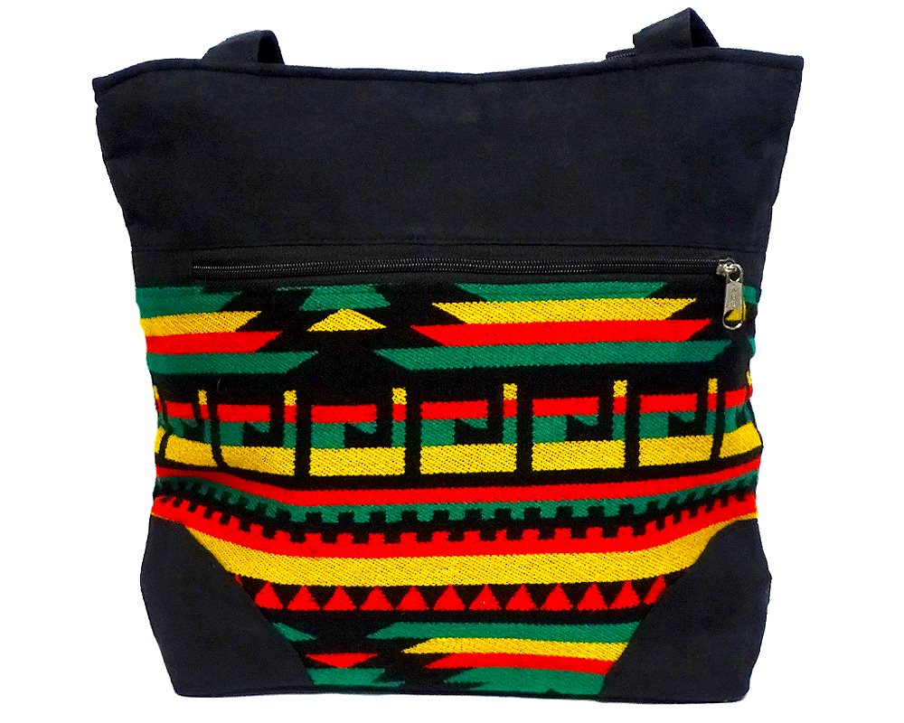 Handmade extra large slightly cushioned tote purse bag with Aztec inspired tribal print striped pattern material and vegan suede in Rasta colors.
