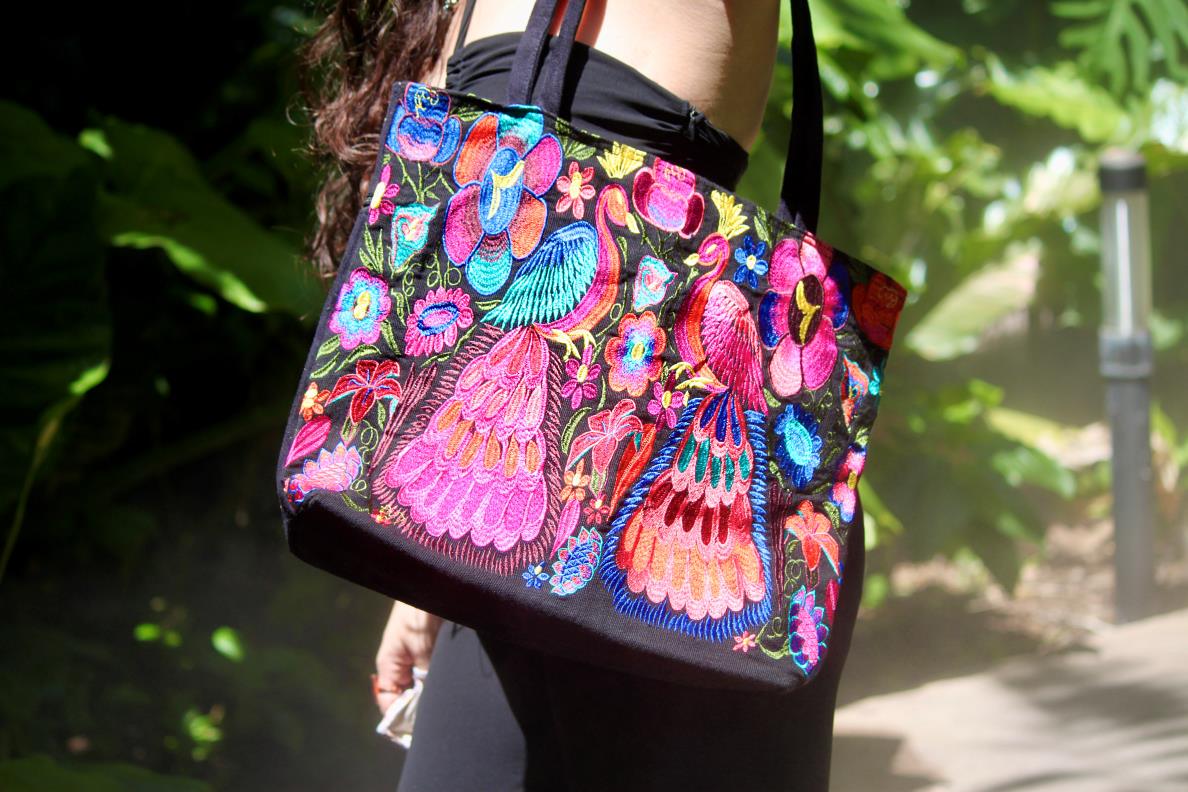 Handmade extra large tote purse bag with multicolored embroidered peacock and floral designs and black vegan leather suede.