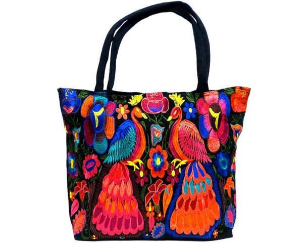 Extra large tote purse bag with multicolored embroidered peacock and floral designs and black vegan leather suede.