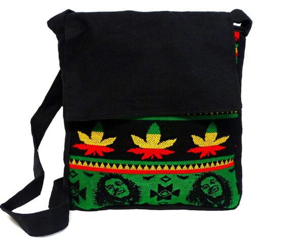 Handmade large cushioned crossbody messenger purse bag with Aztec inspired tribal print striped pattern material and vegan suede in Rasta colors.