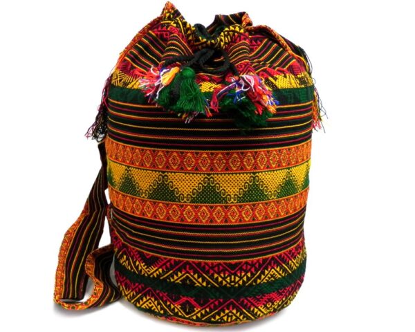 Handmade large crossbody bucket purse bag with multicolored tribal print striped pattern material (or manta Inca) in Rasta colors.