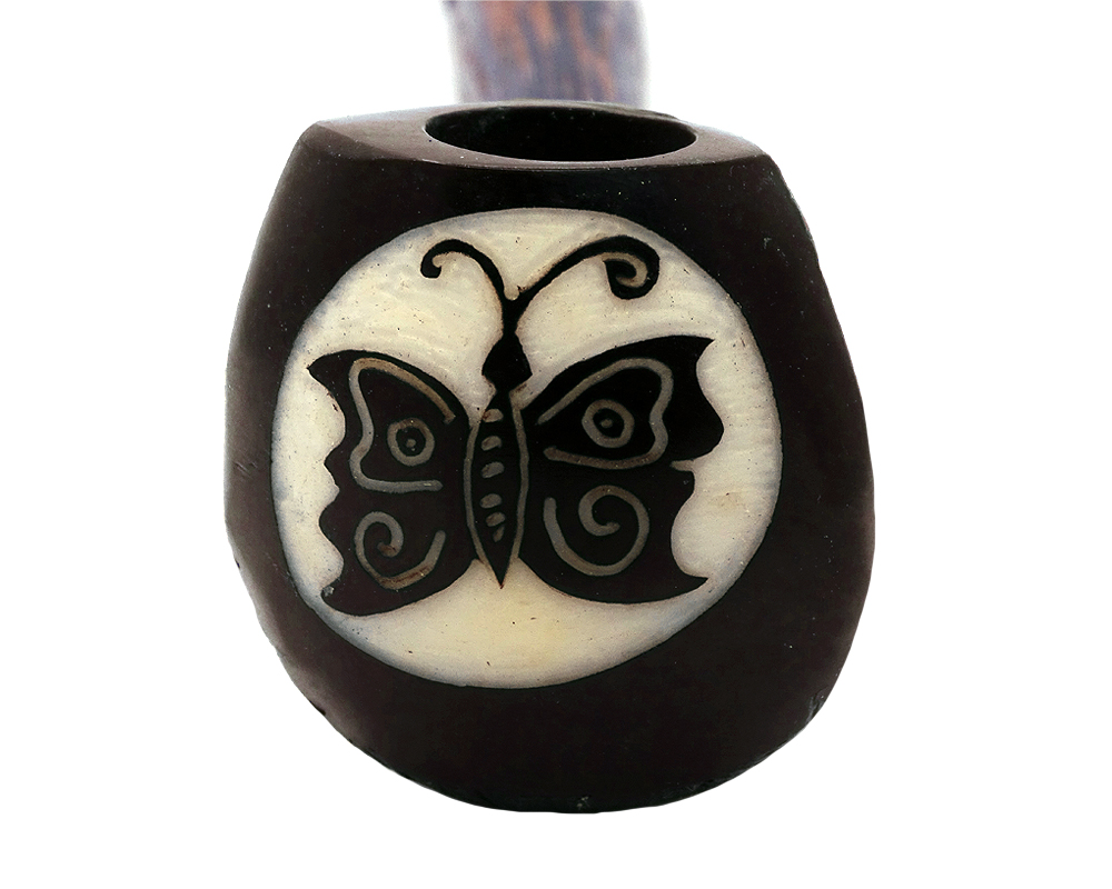 Handcarved tobacco smoking natural tagua nut hand pipe of a butterfly in large size.