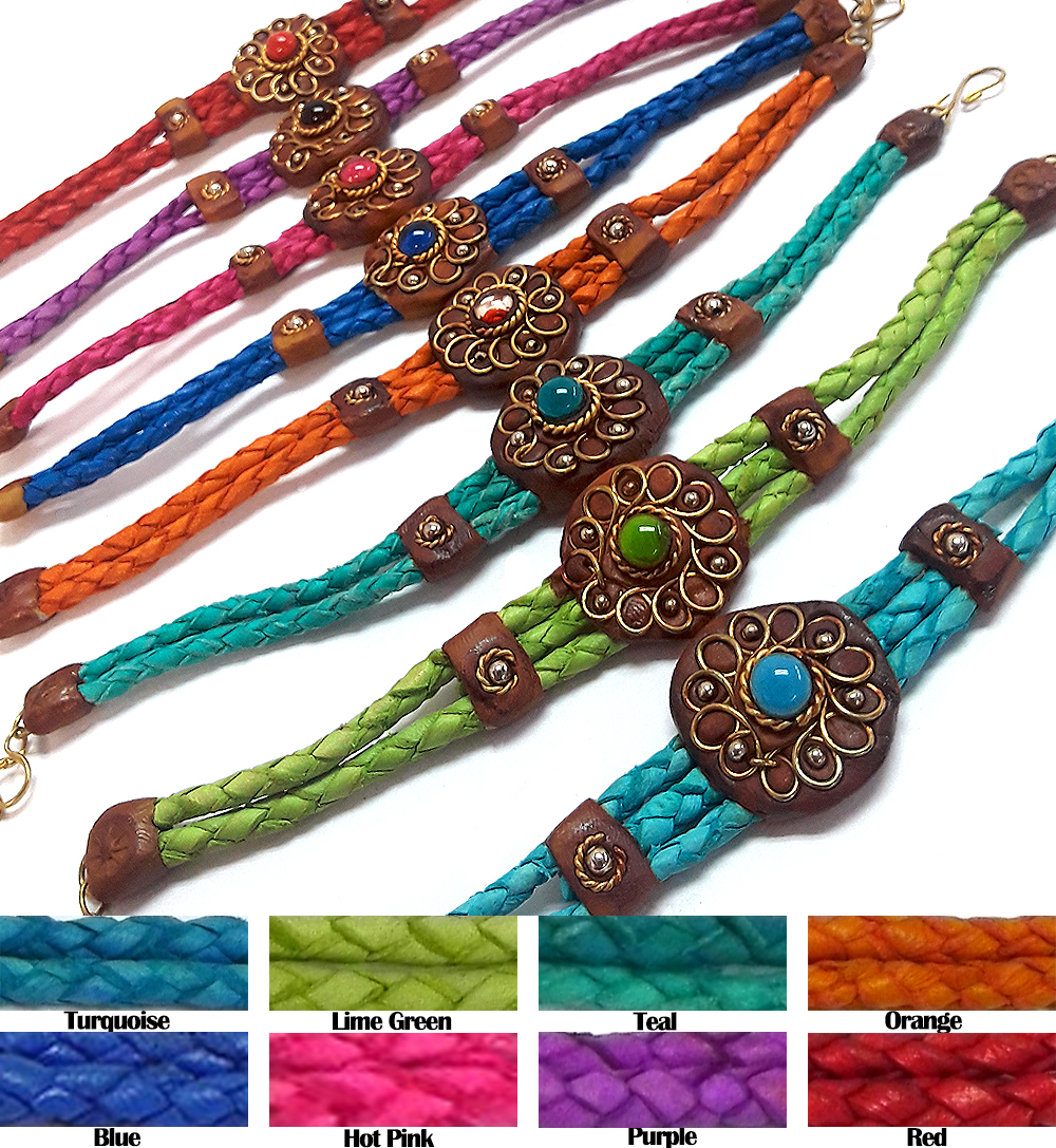 Braided dyed leather bracelet with brown resin, gold-colored metal wire flower design, and single bead centerpiece.