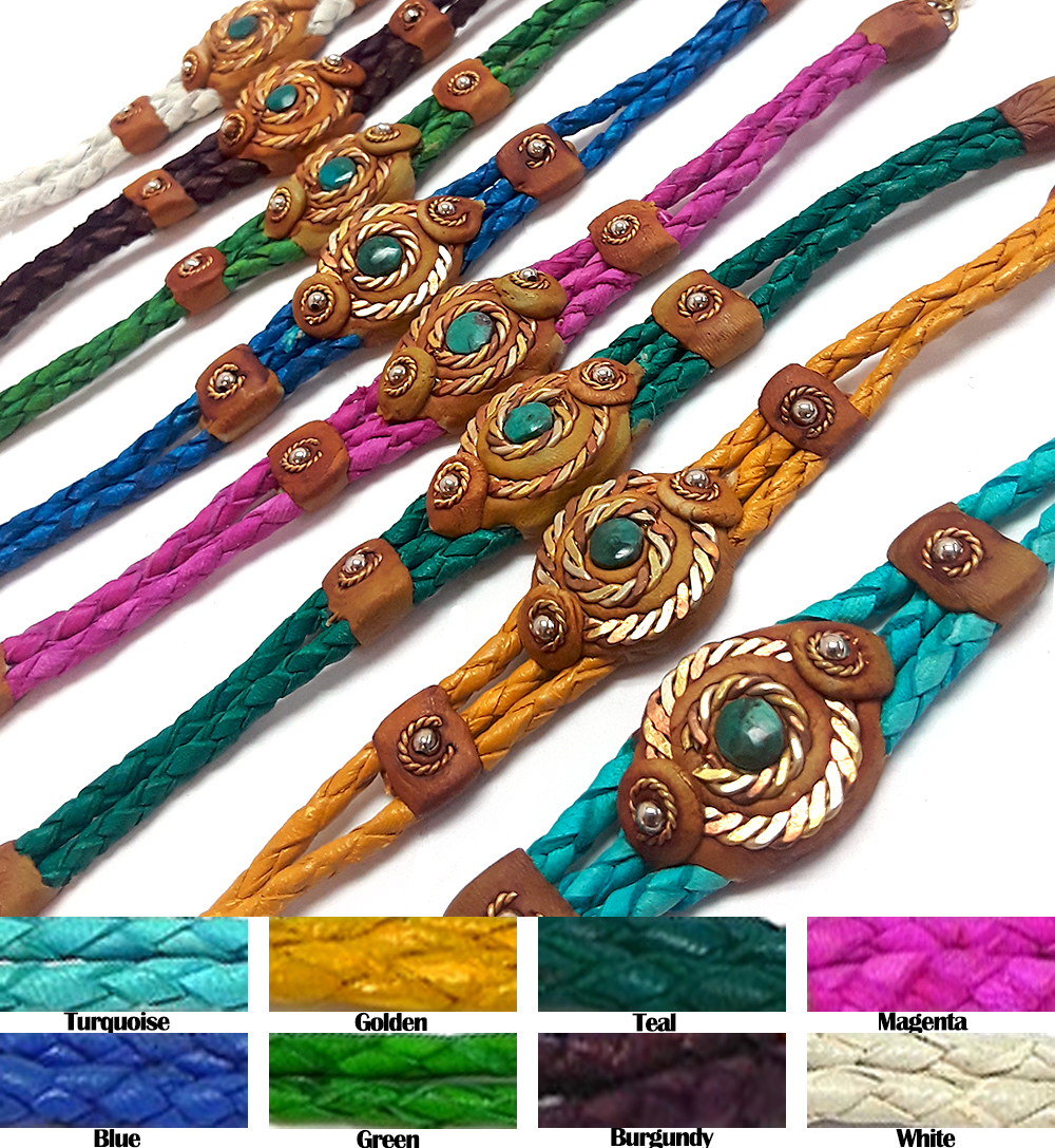 Braided dyed leather bracelet with brown resin, mixed metal spiral design, and mini round chrysocolla stone cabochon centerpiece.